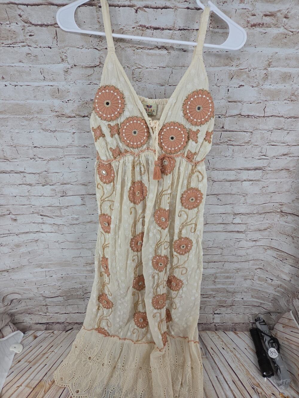 Palak Boutique Boho Dress Beaded Size One Size To Large Beige V-Neck Sleeveless